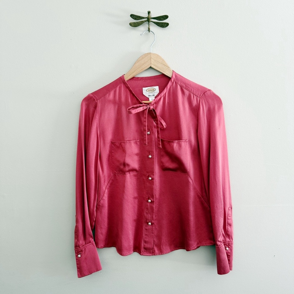 Vintage Silk Raspberry Red Necktie Blouse with Pearl Buttons